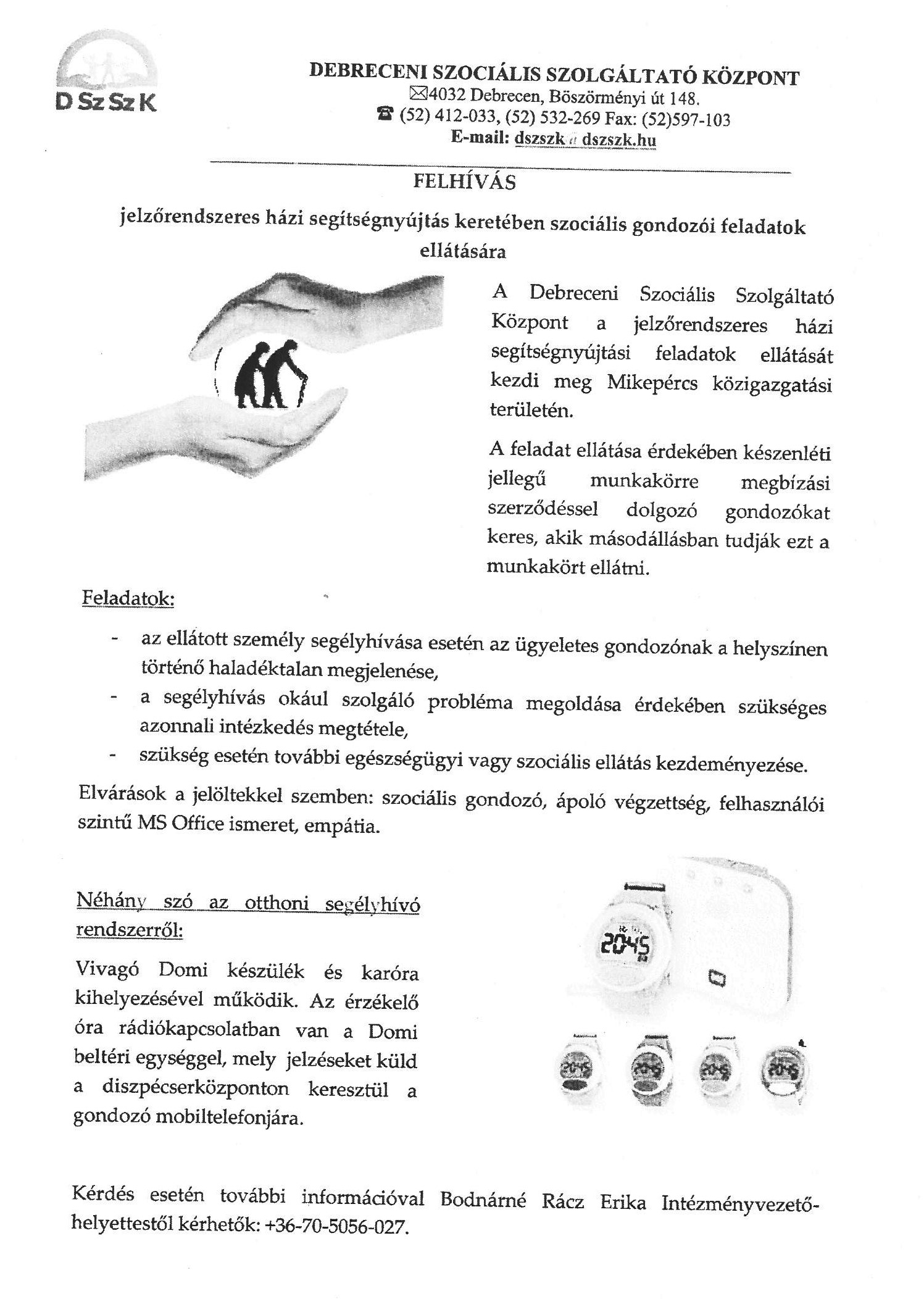 Felhívás- Debreceni Szociális Szolgáltató Központ álláshirdetése