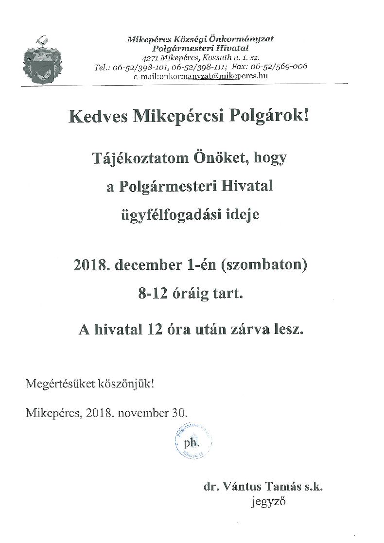 Tájékoztató a Polgármesteri Hivatal ügyfélfogadásáról - 12. 01.