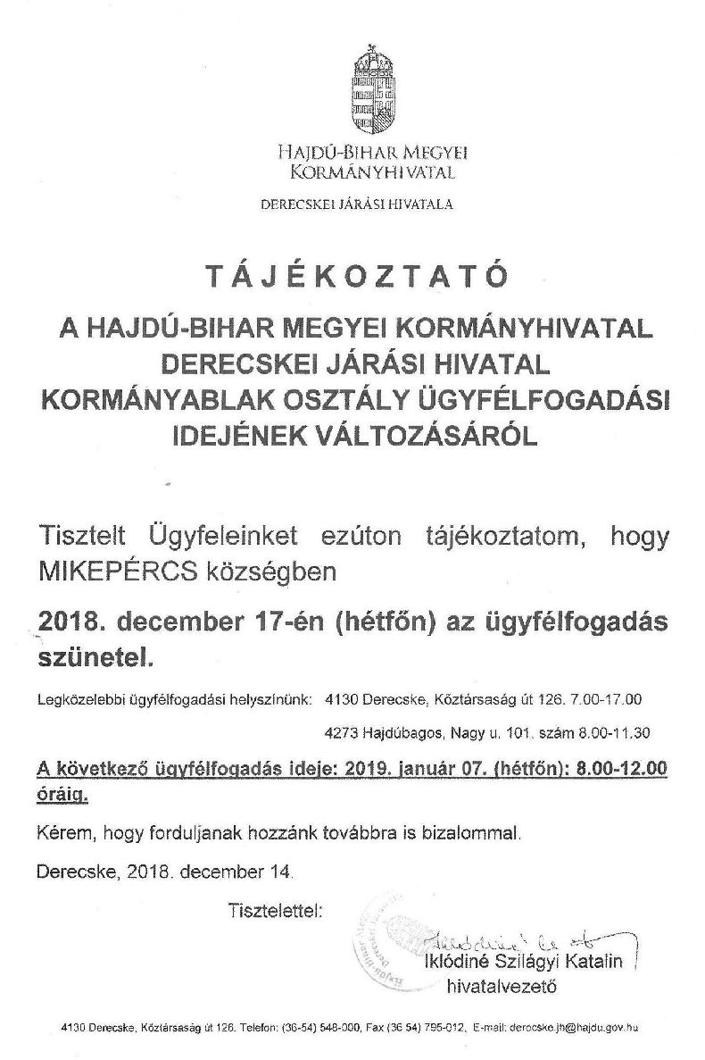Tájékoztatás a Derecskei Járási Hivatal ügyfélfogadási idejének változásáról- December 17.